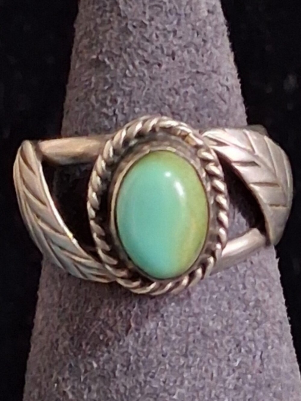 Vintage Navajo Sterling Silver Oval Green Blue Turquoise Feather Ring Sz 6